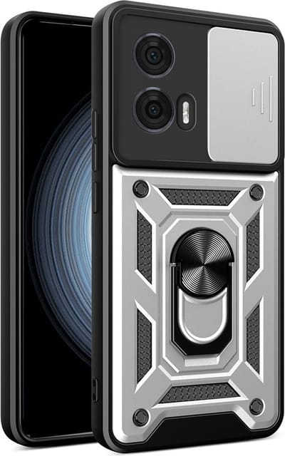 MobyDefend Hoesje - Geschikt voor Motorola Edge 50 Fusion - Pantsercase Met Draaibare Ring - Zilvergrijs
