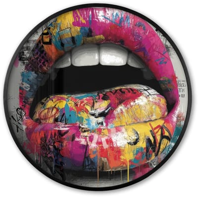 Poster in lijst Rond - Fotolijst 60x60 cm - Posters - Lippen - Graffiti - Expressief - Ronde posterlijst zwart - Decoratie - Wanddecoratie woonkamer - Muurdecoratie slaapkamer