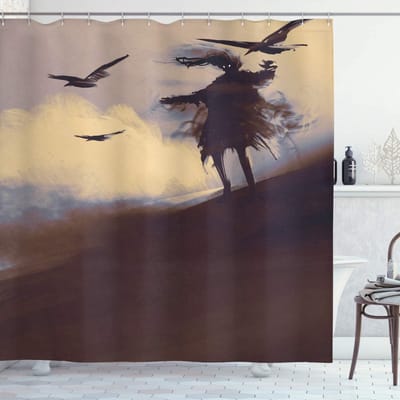ABAKUHAUS douchegordijn – Donkere Zielen Kraaien – 175x180 cm – Beige/Bruin/Lila