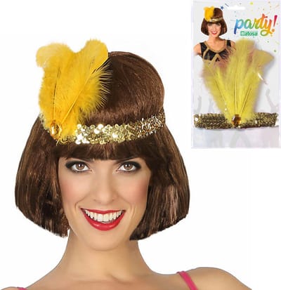 Atosa Charleston Flapper Hoofdband - 2x - met veer en glitters - goud - Dames - jaren 20/Twenties thema/Charleston