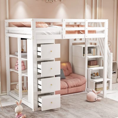 Hoogslaper 140*200 cm met Opberglade,Kinderbed, Commode met Planken, Veilige Klimladder met Opberglades-Wit