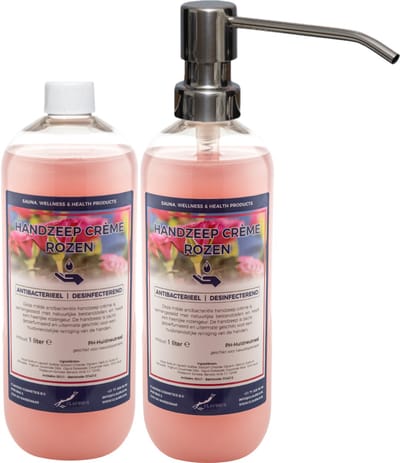 Handzeep Crème Rozen 1 liter - set van 2 stuks - met gratis RVS zilverkleurige pomp - Voordeelverpakking