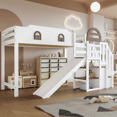 MODFU Stapelbed 90x200 cm van massief hout en MDF – wit – met glijbaan, trap en opbergruimte – speels design