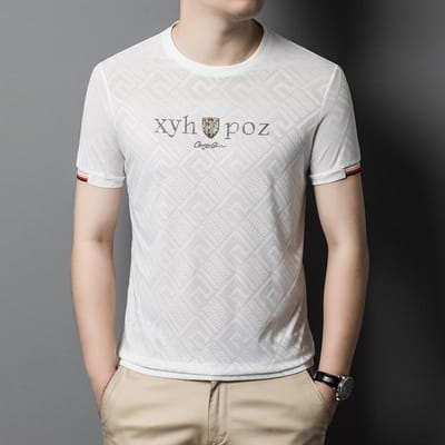 Zomer Nieuw Heren T-shirt met Korte Mouwen Mode Merk Casual Mode Losse Jacquard Ronde Hals Middenleeftijd Heren T-shirt 4XL white