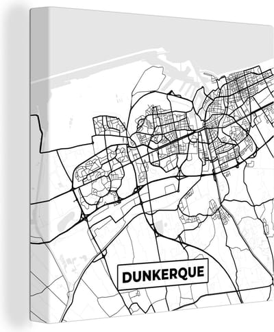 Canvas Schilderij Stadskaart - Plattegrond - Dunkerque - Kaart - Frankrijk - Zwart wit - 20x20 cm - Wanddecoratie