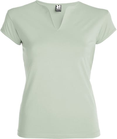 Zacht Groen Dames afgeronde V-hals getailleerd t-shirt model Belice maat S