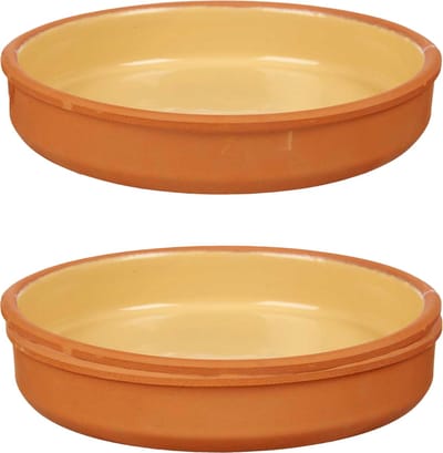 La Dehesa Tapas serveerschaal - 2x stuks - terracotta - geel - D23 x H4 cm - hapjes serveren - ovenschaal - rond