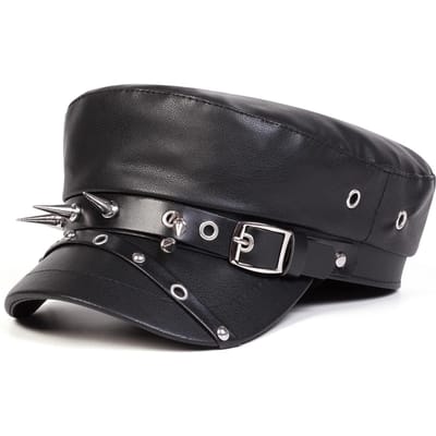 Unisex Gesp met Klinknagels Leren Hoed Lente Herfst Zeemanshoeden Zwarte Baret Pet Mannen Platte Top Kapitein Militaire Petten zwart