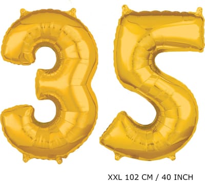 Mega grote XXL gouden folie ballon cijfer 35 jaar. leeftijd verjaardag 35 jaar. 102 cm 40 inch. Met rietje om ballonnen mee op te blazen.