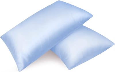 Famanu - Set van 2 satijnen kussenslopen premium kussensloop kussensloop haar- en huidverzorging zijdezacht met ritssluiting, lichtblauw, 40 x 80 cm