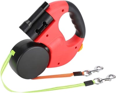 Dubbele intrekbare hondenriem, flexibele intrekbare hondenriem, dubbele lijn met ledlicht voor twee honden, reflecterende hondenriem (rood)