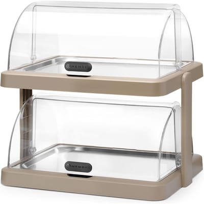 HENDI Dubbele koelvitrine met roldeksels, 2 niveaus - 48 x 35,5 x 48 cm - ABS/PET met koelelementen, inclusief rvs schalen 40 x 30 cm - beige - voor horecabuffet