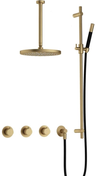Hotbath Cobber - CB7067 - Inbouw Regendoucheset - Geborsteld Messing - 2 Stopkranen - Thermostatisch - Plafondbuis 30 cm - Hoofddouche 300 mm - Staafhanddouche - Glijstang 900 mm - met M106 - Waterbesparend