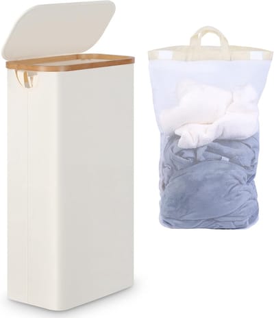 SnelShoppen - Smalle Wasmand 63 Liter Beige met Deksel, Opvouwbare Wasmand met Bamboegrepen en Afneembare Zak voor Bijkeuken, Slaapkamer en Badkamer
