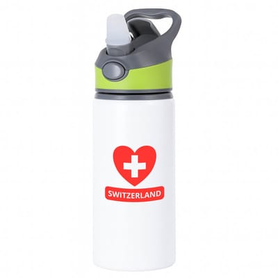 Hacebo® - Switzerland vlag hartje waterfles met rietje groen - Zwitserland - reizigers - toerist - verjaardagscadeau - souvenir - vakantie - water fles - 650ML