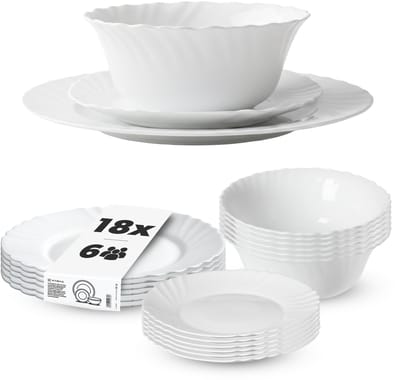 KADAX servies 18-delig, servies voor 6 personen, servies met ontbijtkom, dessertbord & dinerbord, bordservies van opaalglas, servies (wit)