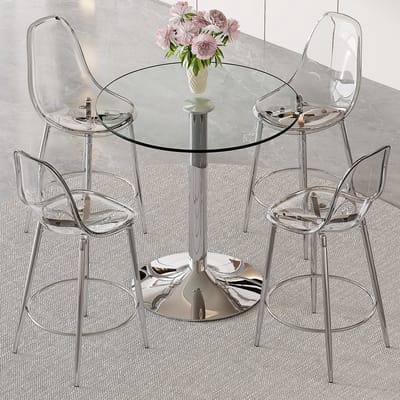 FloraGrace Barset 89 Cm - Glazen Tafel Met 4 Transparante Barkrukken - Voor Keuken En Bar - Glas Metaal - Zilver Transparant