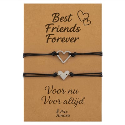 Vriendschapsarmbandjes voor 2 "Best Friends Forever" - Leuke Hartjes - BFF Armbandjes met Persoonlijk Cadeau Kaartje - Zilverkleurig - Elastisch Verstelbaar - Pax Amare