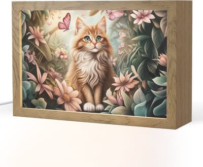 Nachtlampje 30x20 cm - Kinder lampje - Kat - Bloemen - Vlinders - Roze - Tafellamp kinderkamer - Slaapkamer lamp - Bedlamp kinderen - Kinderlampje stopcontact - Wandlamp babykamer - Nachtlampjes