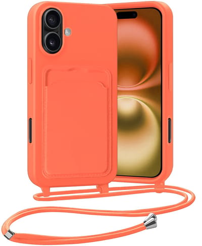 Hoesje Geschikt voor iPhone 16 Plus Hoesje Met Telefoonketting Pasjeshouder Case Koord - Hoesje Geschikt voor iPhone 16 Plus Hoes Met Kaarthouder - Papaya