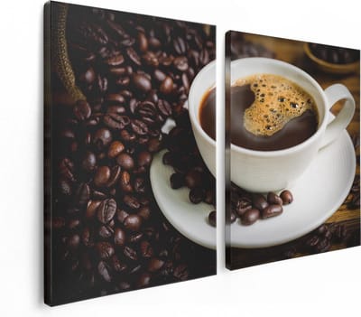 Artaza Canvas Schilderij Tweeluik Kopje Koffie Met Koffiebonen - 120x80 - Foto Op Canvas - Canvas Print