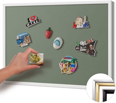 Wallfluent - Olijf Magneetbord in Effen Kleuren - 70 cm x 50 cm - Magneetbord met Witte Frame - Olijfkleur - Magnetisch Bord voor Magneten - Magneetbord voor Reissouvenirs - Magneetbord voor Foto's en Notities