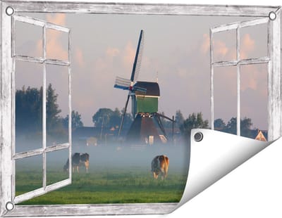 Gards Tuinposter Doorkijk Landschap met Koeien - 60x40 cm - Tuindoek - Tuindecoratie - Wanddecoratie buiten - Tuinschilderij