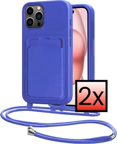 Hoes Geschikt voor iPhone 14 Pro Max Hoesje Pasjeshouder Cover Met Koord Case Siliconen Hoes Met Telefoonkoord en Kaarthouder - Felblauw - 2 PACK