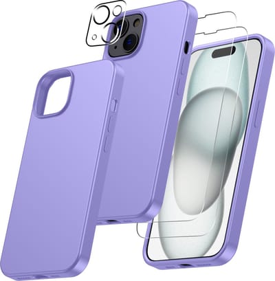Hoesje Geschikt voor iPhone 15 Plus – Zacht siliconen liquid backcover met 2x screenprotector gehard glas en 1x lens protector – Lila