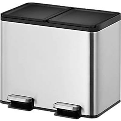 EKO Essential Recycler pedaalemmer, 2 x 15 liter, roestvrij staal, vingerafdrukbestendig, stay-open functie, B 463 x D 332 x H 412 mm, zilver/zwart