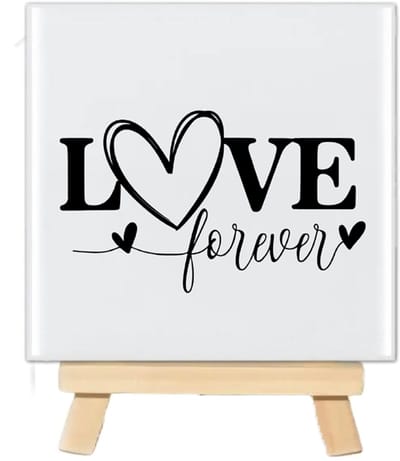 Tegeltje met tekst - Love Forever - 10x10cm - inclusief houten standaard