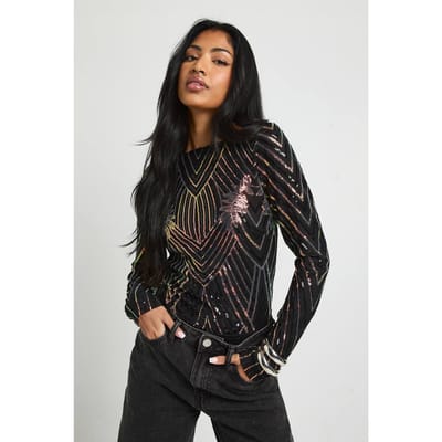 boohoo Dames Demask Pailletten Rugloze Bodysuit | Zwart | Maat: 34