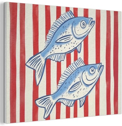 Akoestisch wandpaneel 40x30 cm - Vilt schilderij Vissen - Verticale strepen - Blauw - Rood - Akoestische panelen - Geluidsdempende wanddecoratie - Geluidsisolatie woonkamer - Muurdecoratie geluidspanelen