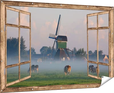 Gards Tuinposter Doorkijk Landschap met Koeien - 180x120 cm - Tuindoek - Tuindecoratie - Wanddecoratie buiten - Tuinschilderij
