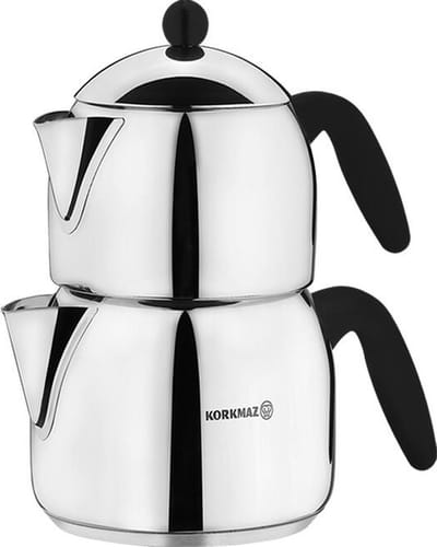 Korkmaz Orbit Midi Theepot- Roestvrijstalen Dubbele Theepotset met Bakeliet Handgrepen - Turkse Waterkoker Samovar voor Losse Thee- Verjaardag - Bruiloft - Thanksgiving - Turkse Staal Theepot 0.7 - 1.4 Liter