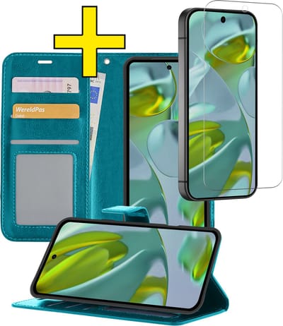 Hoesje - Met Screenprotector - Geschikt voor Google Pixel 10 - Luxe Pasjeshouder - Bookcase Portemonee - Flip Case - Kunstleer Book Case - Flipcase - Book Cover - Walletcase - Portemonneehoes - Telefoonhoesjes - Turquoise