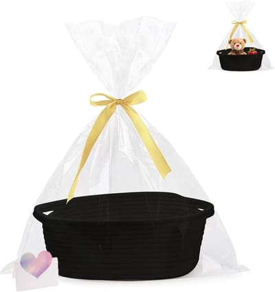 geschenkmand, 1 stuk katoenen touw, geweven mand voor geschenken, geschenkmand, opbergmand, opslag van kleine huishoudelijke artikelen, met transparante geschenkzak, voor kasten, badkamer, keuken