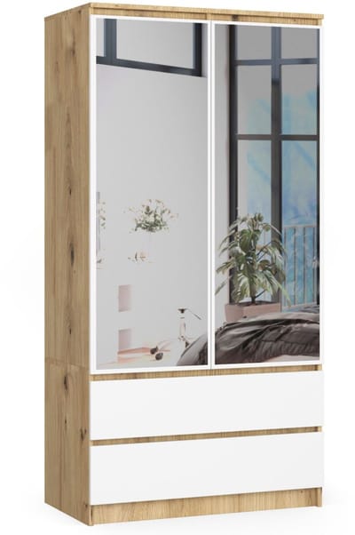 Kledingkast S90 met Spiegel 2 Deuren en 2 Lades / AKORD Furniture Factory / Artisan Eik - Wit / 90 x 180 x 51 cm