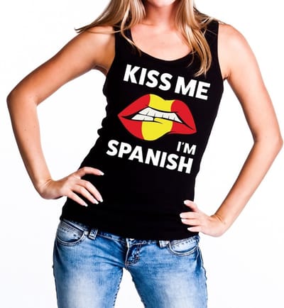 Kiss me I am Spanish tanktop / mouwloos shirt zwart dames - feest shirts dames - Spanje kleding S