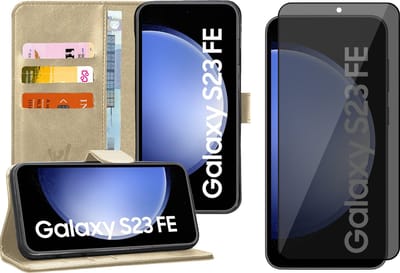 Hoesje geschikt voor Samsung Galaxy S23 FE - Privacy Screenprotector Volledig Dekkend Glas - Portemonnee Book Case Goud