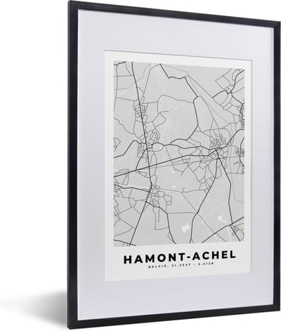 Fotolijst incl. Poster Zwart Wit- België – Hamont Achel – Stadskaart – Kaart – Zwart Wit – Plattegrond - 30x40 cm - Posterlijst