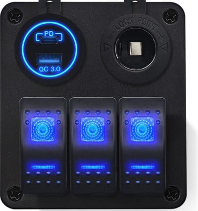 ProRide Schakelpaneel 12V voor Auto/Boot - USB Lader 2 poorten met Sigaretten stopcontact - QC3.0 - 3 schakelaars