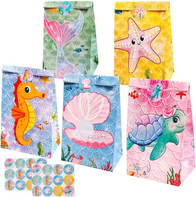 Kraft Papieren Cadeautassen voor Kinderfeestjes met Stickers - Kleurrijke Verpakkingen voor Geschenken, Giveaways en Bruiloften, 24 x 13 x 8 cm