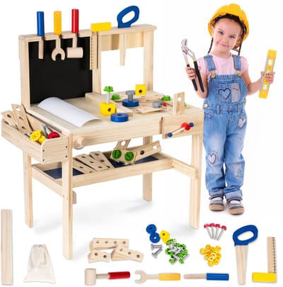 Mamabrum speelgoed jongens werktafel werkbank houten boor gereedschap kinderen kindergereedschap tafel voor werkbanken kinderwerkbank kettingzaag kinder met laden gereedschapsriem kind bankschroeven klus zaag peuters klussen hamer speelgoedwerkbank