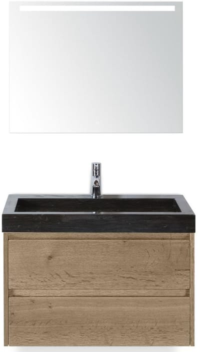 Dante Badmeubelset 80 cm - Natuur Eiken - Wastafel Hardsteen Wit Lucca met Sence Spiegel