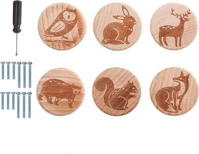 Kastgrepen voor kinderkamer met bosdieren, slaapkamer decoratie, set van 6 met schroeven - 3,5 cm x 2,8 cm