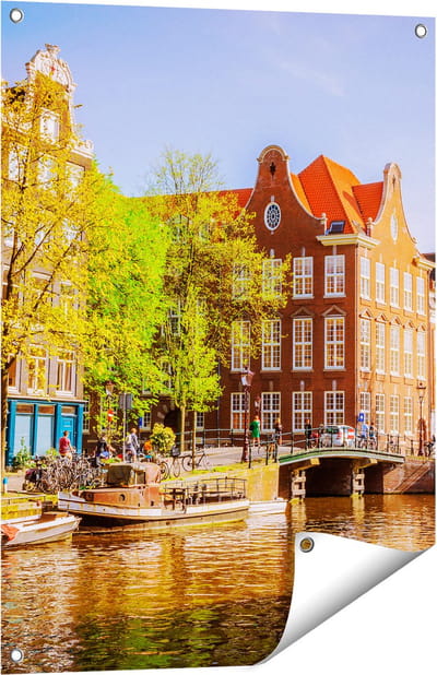 Gards Tuinposter Amsterdamse Gracht tijdens Zonsondergang - 60x80 cm - Tuindoek - Tuindecoratie - Wanddecoratie buiten - Tuinschilderij