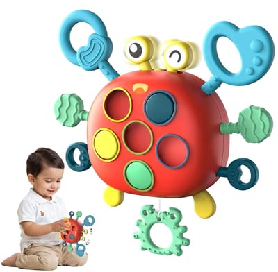 Montessori Silicone Trektouw - Sensorisch Speelgoed in Krabvorm - Voor Baby's van 6 tot 18 Maanden - Ontwikkelt Handspieren & Fijne Motoriek - Tandvriendelijk & BPA-vrij - Wasbaar Reisspeelgoed - Rood