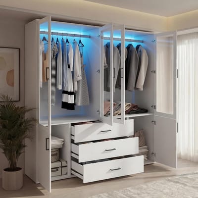 Kledingkast met Glasdeuren en LED Verlichting 182 x 160 x 52 cm - 4 Deuren, 3 Laden, Kledingstangen, Grote Opbergkast voor Slaapkamer en Hal, Moderne Witte Garderobekast - Vermissen