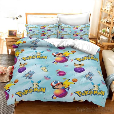 Pokemon Beddengoed Set Cartoon Anime Kinder Slaapkamer Dekbedovertrek Jongen Meisje Beddengoed Enkel Dubbel King Pikachu Dekbedovertrek Cadeau US Twin(172*218cm)3pcs